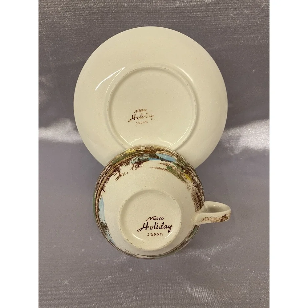 VNTG Nasco Holiday Water Canal Bridge Scene Cup Saucer Set Japan Made PreOwned